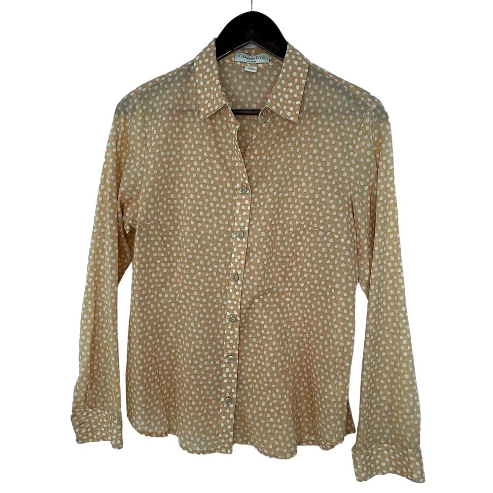Coldwater Creek No Iron Peach Cream Polka Dot Blouse Small Twee Boho Chic Casual